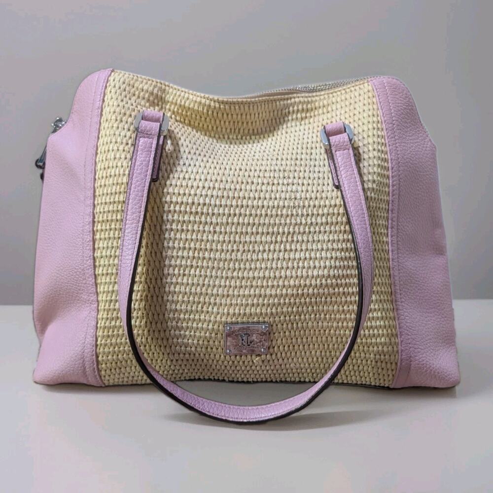 LAUREN Ralph Lauren Straw Woven Tote Bag Pink Trim Shoulder Purse 13x9x5